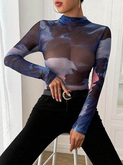 Miku Chiku Mesh Crop Top – Sheer Short Sleeve Aesthetic Tee with Unique Print & Ruffled Hem