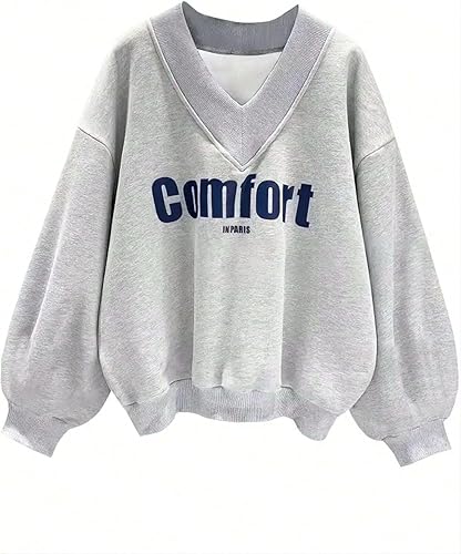Oversized Sweatshirt for Women Drop Shoulder V-Neck Letter Graphic Pullover Long Sleeve Loose Fit Casual Top