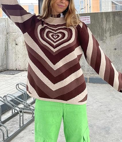 chouyatou Women Fall Winter Casual Long Sleeve Heart Striped Sweater Mock Neck Rib Knit Pullover Sweater