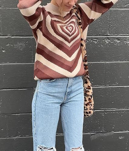 chouyatou Women Fall Winter Casual Long Sleeve Heart Striped Sweater Mock Neck Rib Knit Pullover Sweater
