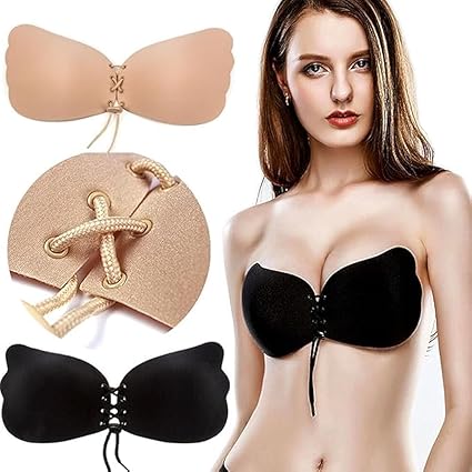 Reusable Strapless Adhesive Push-Up Bra – Butterfly Lace-Up, Padded Support - (Pack of 02)