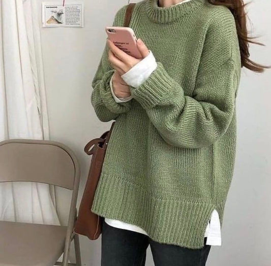 New O-Neck Loose Green Pullover Sweater For Women Autumn Winter Thick Retro Japanese Lazy Style