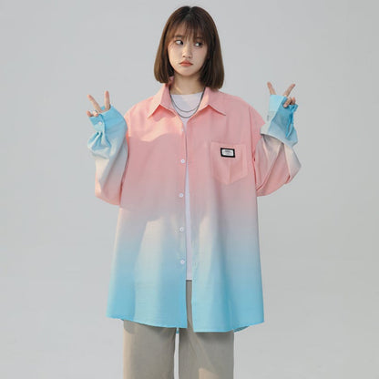 Women’s Sky Blue & Light Pink Ombre Shirt – Trendy Button-Down Blouse for Effortless Style