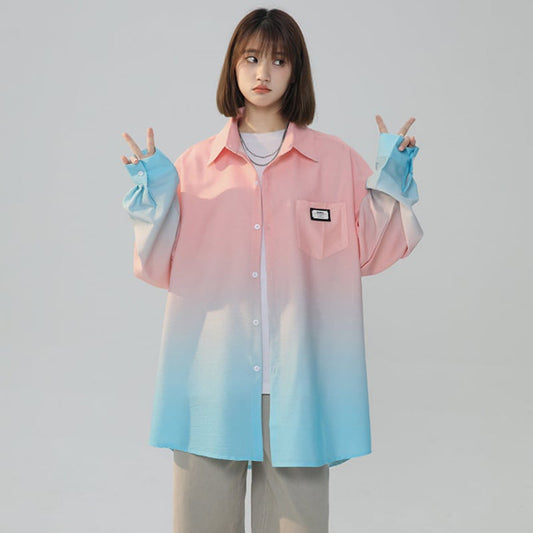 Women’s Sky Blue & Light Pink Ombre Shirt – Trendy Button-Down Blouse for Effortless Style