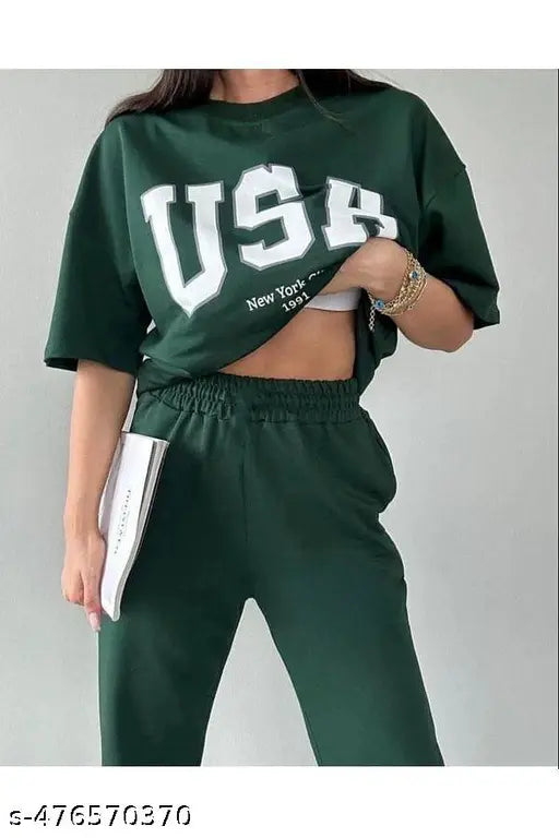 Round Neck Half Sleeve Pretty Glamorous Women Top & Bottom Sets ( Green)