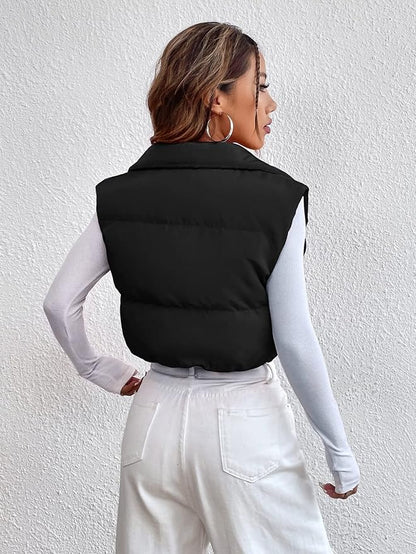 VELOMI Women’s Black Puffer Crop Vest Winter Jacket – Trendy Zipper Style for Girls & Women