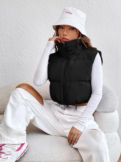VELOMI Women’s Black Puffer Crop Vest Winter Jacket – Trendy Zipper Style for Girls & Women