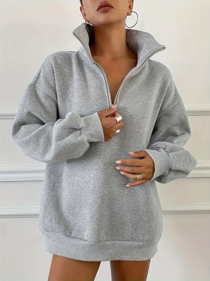 Women’s Cozy Half-Zip Sweatshirt – Casual Gray Pullover with Pockets & Ribbed Cuffs
