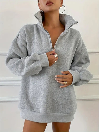 Women’s Cozy Half-Zip Sweatshirt – Casual Gray Pullover with Pockets & Ribbed Cuffs