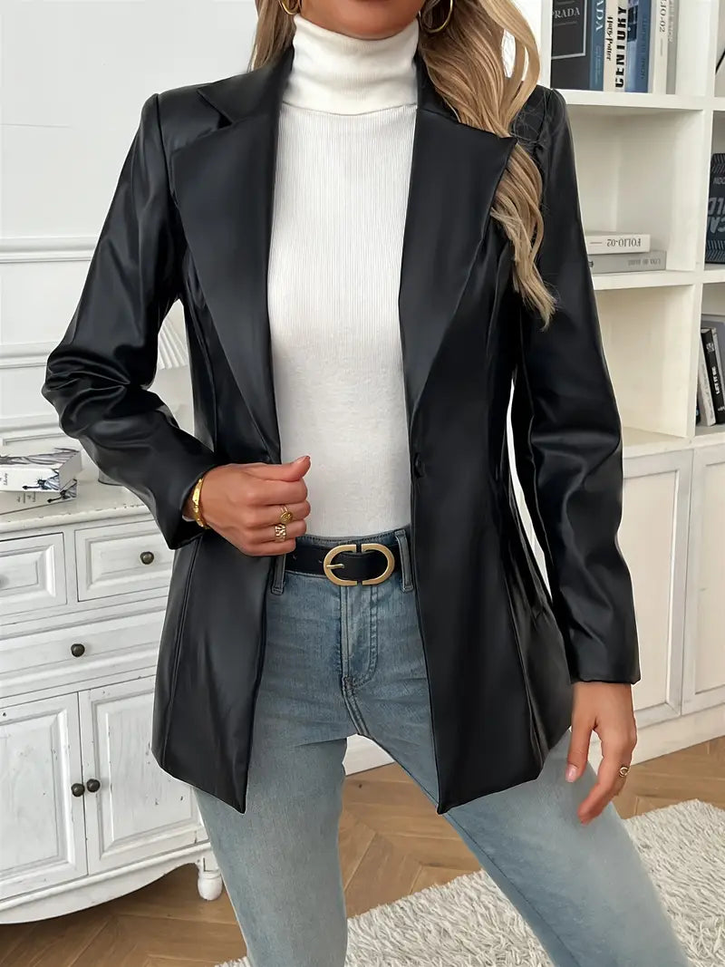VELOMI Trendy Solid Single-Breasted Leather Blazer for Women – Effortless Style