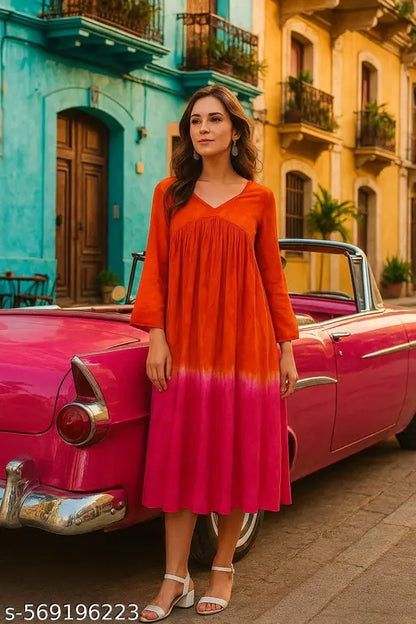 VELOMI Rayon V-Neck Tie & Dye A-Line Dress – Casual Chic for Women