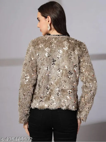VELOMI Women’s Sequin Fur Shrug Jacket – Trendy Party & Winter Wear