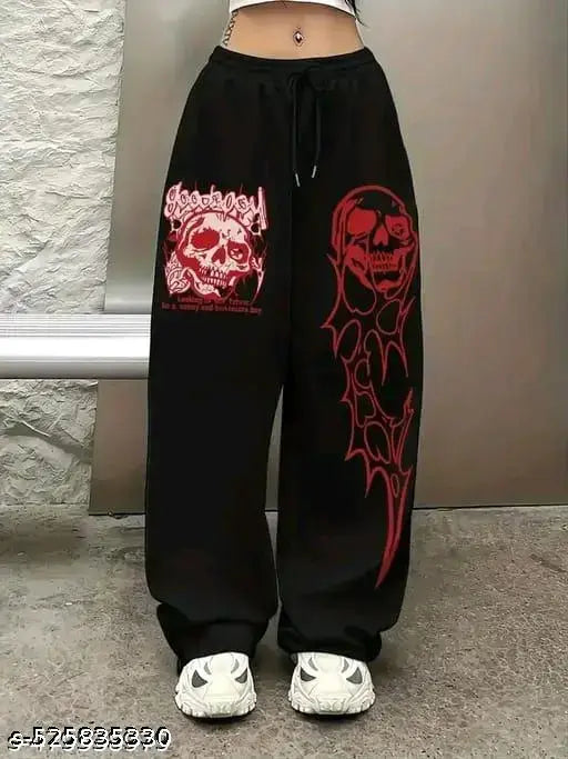 Black Printed Straight Baggy Fit Joggers/Track Pants for Girls/Womens