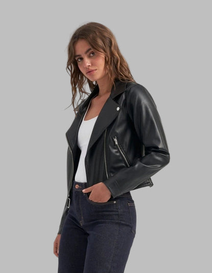 VELOMI Trendy Women’s Leather Biker Jacket – Classic Black Style