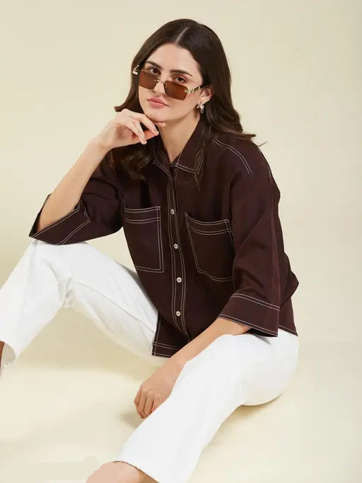 Women’s Brown Coffee Crepe Oversized Shirt – Solid Casual Blouse with Contrast Stitching