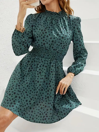 VELOMI Women’s Green Floral High-Neck Dress – Elegant Casual & Party Wear