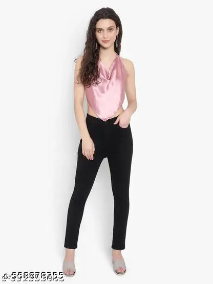 Cowl Neck Top For Women's Satin Fabric Party Wear Backless Top