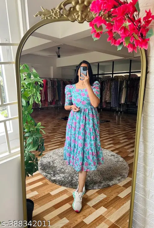 Sky Blue Puff Sleeved Flared Dress