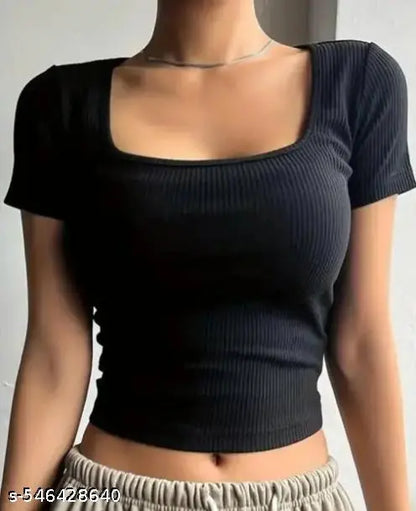 Trendy Crop Top, Ribbed Square Neck Top, Short Sleeve Top for Women, Combo Top for Girls, Maroon Black Top, Western Wear Tops, Stretchable Crop Top, Stylish Women Top, Casual Combo Top, Partywear Top