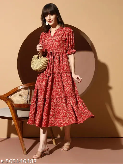VELOMI Women’s Tiered Fit & Flare Midi Dress – Floral Print Casual & Festive Wear