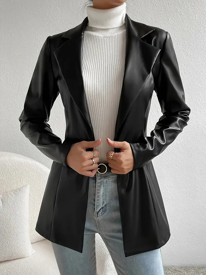 VELOMI Trendy Solid Single-Breasted Leather Blazer for Women – Effortless Style
