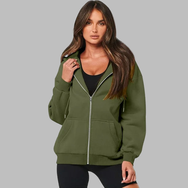 Women’s Oversized Zip-Up Hoodie – Y2K Inspired Casual Sweatshirt with Drawstring & Pockets