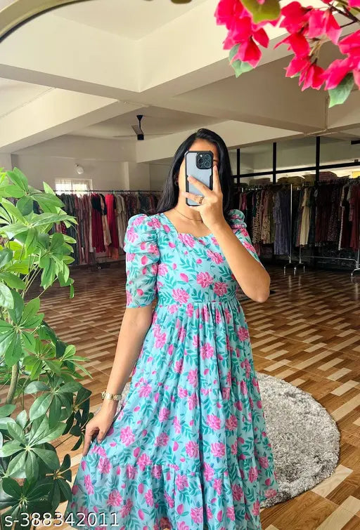 Sky Blue Puff Sleeved Flared Dress