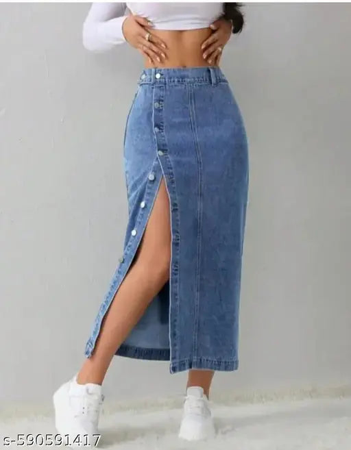 Blue Denim Midi Skirt for Women | High Waist Button Front Skirt | Casual Long Jean Skirt