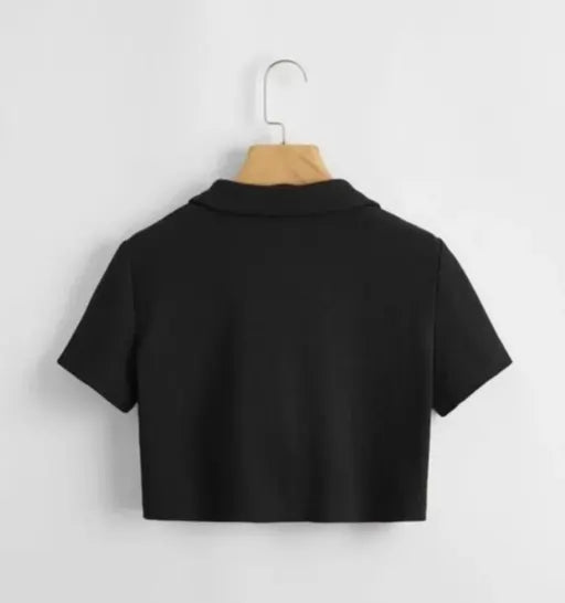 VELOMI Classic Black Crop Shirt – Half-Sleeve Women’s Casual Chic Top
