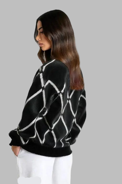VELOMI Women’s Vintage Bachrach Sweater – Preppy Argyle Diamond Knit, White & Black, Designer Style
