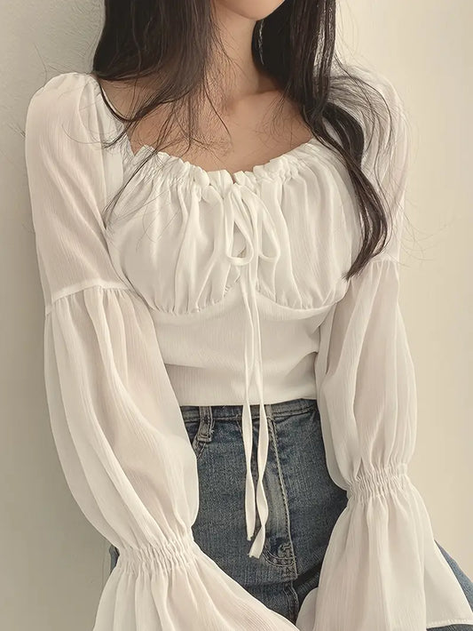 VELOMI Women’s French-Inspired Chiffon Blouse with Ruffle Trim & Tie-Front – Elegant Square Neck Bell Sleeve Top