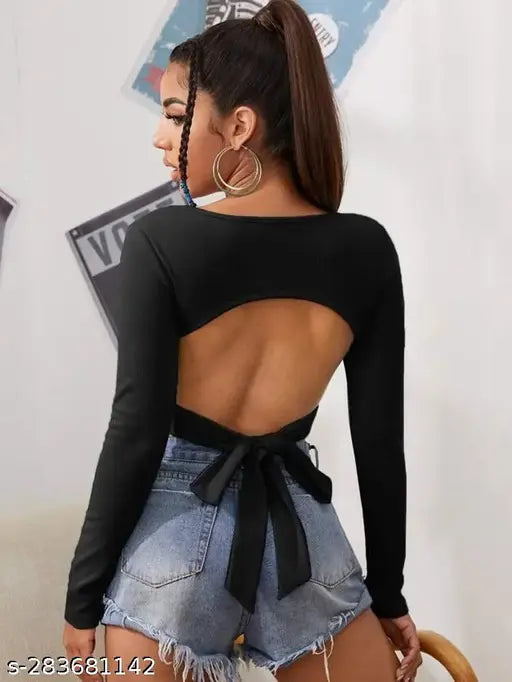 V-Neck full sleeve Back less tie crop top( BLACK)