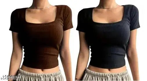 Trendy Crop Top, Ribbed Square Neck Top, Short Sleeve Top for Women, Combo Top for Girls, Maroon Black Top, Western Wear Tops, Stretchable Crop Top, Stylish Women Top, Casual Combo Top, Partywear Top