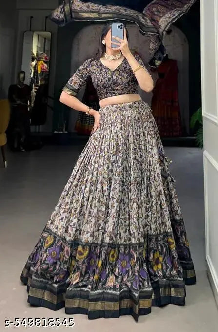 VELOMI Women’s Tussar Silk Lehenga Choli – Printed & Foil Print Festive Set