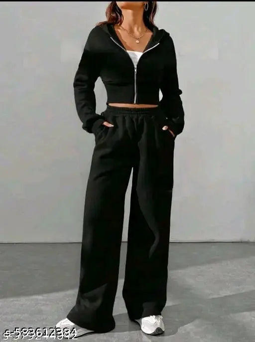 Trendy Black Co-ord Set for Women – Zip-Up Hoodie & Wide-Leg Joggers