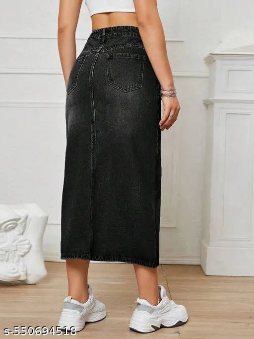 H&H Premium BLACK Whisker Midi DENIM Skirt