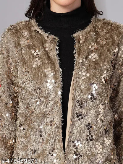 VELOMI Women’s Sequin Fur Shrug Jacket – Trendy Party & Winter Wear