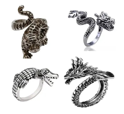 VELOMI Bold Rings Combo for Men – Tiger, Fire & Crocodile Adjustable Set (4 Pieces)