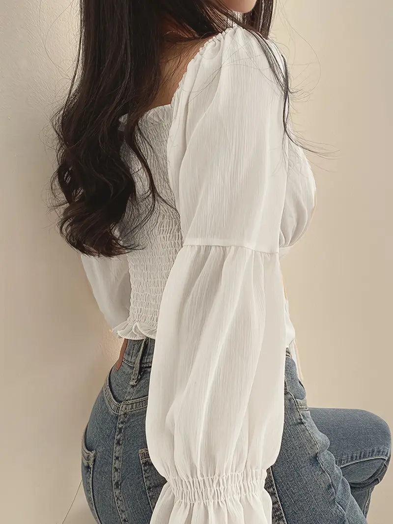 VELOMI Women’s French-Inspired Chiffon Blouse with Ruffle Trim & Tie-Front – Elegant Square Neck Bell Sleeve Top