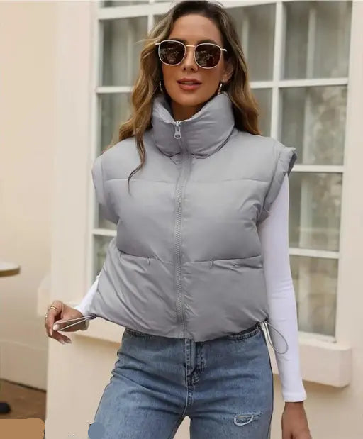 VELOMI Women’s Grey NS Short Puffer Vest – Cropped Sleeveless Winter Jacket with Stand Collar and Zip-Up Closure