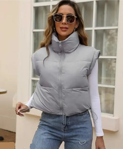 VELOMI Women’s Grey NS Short Puffer Vest – Cropped Sleeveless Winter Jacket with Stand Collar and Zip-Up Closure