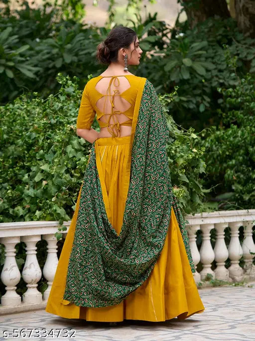 VELOMI Women’s Festive Lehenga Choli – Yellow Cotton Rayon with Bandhani Dupatta