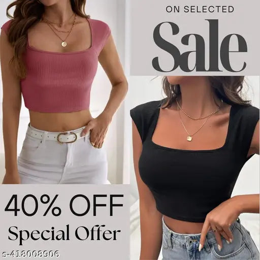Trendy Solid Square Neck Crop Top &  Tunics Halter Half Sleeveless Solid Ribbed Slim Fit Crop Tank Top Pack of 2