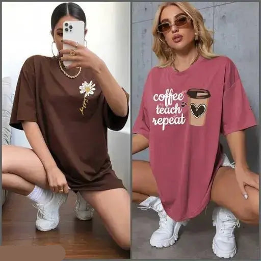VELOMI Fancy Stylish Oversized Printed T-Shirts for Women – Round Neck Combo Pack of 2