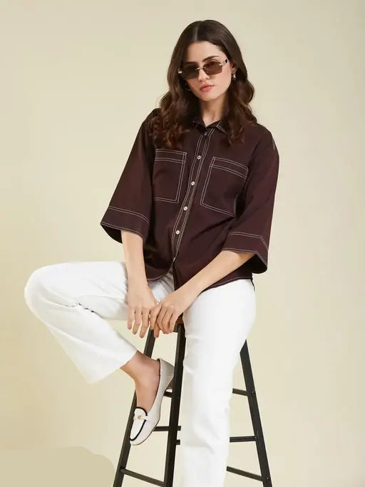 Women’s Brown Coffee Crepe Oversized Shirt – Solid Casual Blouse with Contrast Stitching