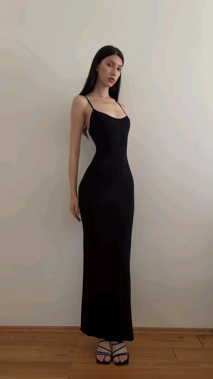 🖤 VELOMI – Black Spaghetti Strap Maxi Dress