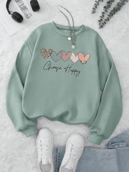 VELOMI Women’s Heart & Happy Print Sweatshirt – Casual Crew Neck Long Sleeve Pullover