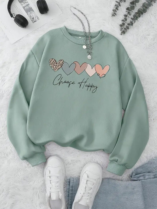 VELOMI Women’s Heart & Happy Print Sweatshirt – Casual Crew Neck Long Sleeve Pullover