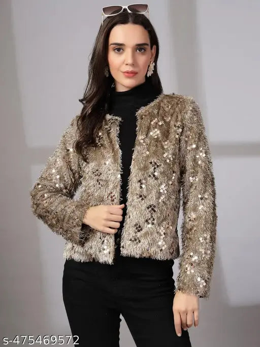 VELOMI Women’s Sequin Fur Shrug Jacket – Trendy Party & Winter Wear