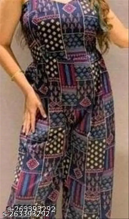 Navy Blue Beauty Printed Shoulder Strap Jumpsuit with Wide-Leg and Back Elastic